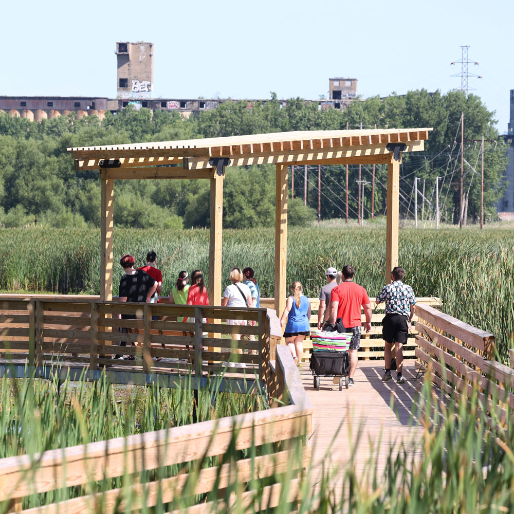 Groups of families walking on the new accessibility path at Tifft